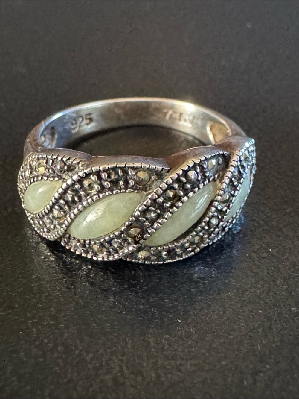 Sterling Silver Nephrite Jade & Marcasite Art Deco Style Ring Size 6.5